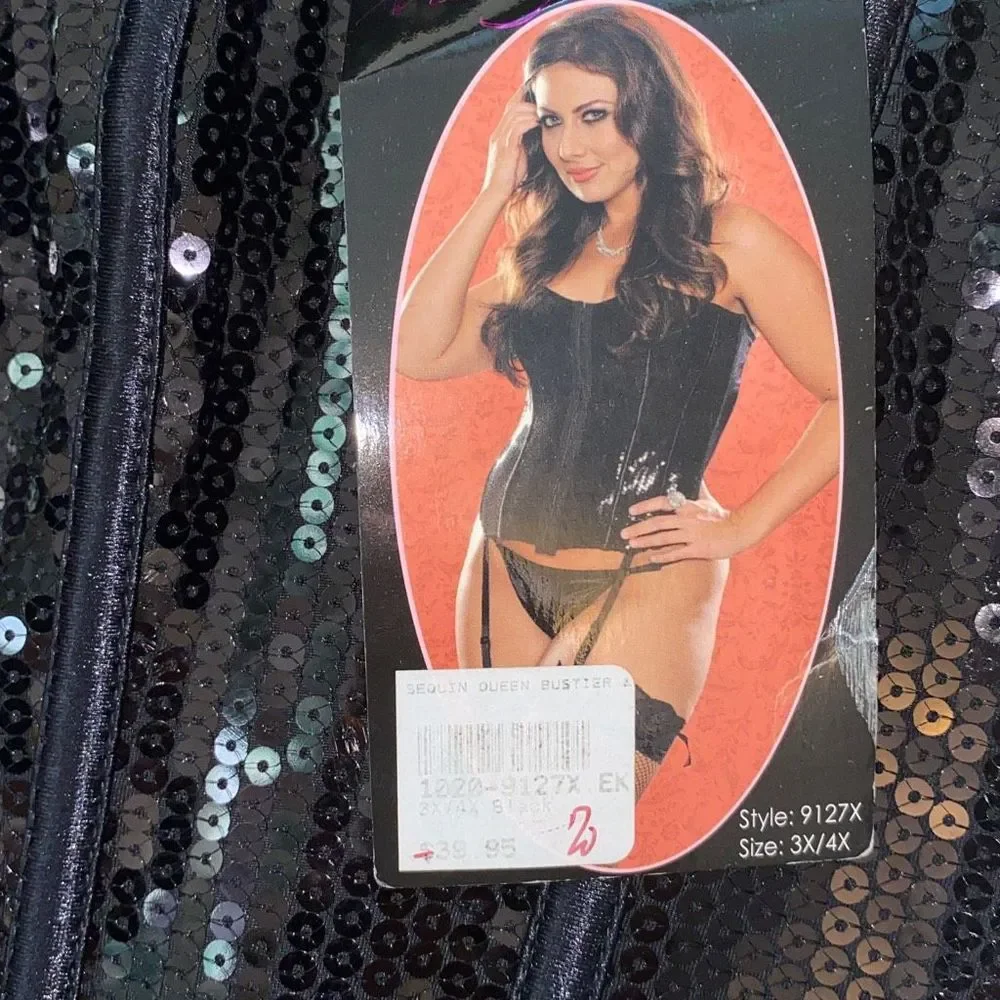 NWT Seven Til Midnight Sequin Queen Bustier Corset And Panty Set Black 3X/4X - Picture 2 of 4